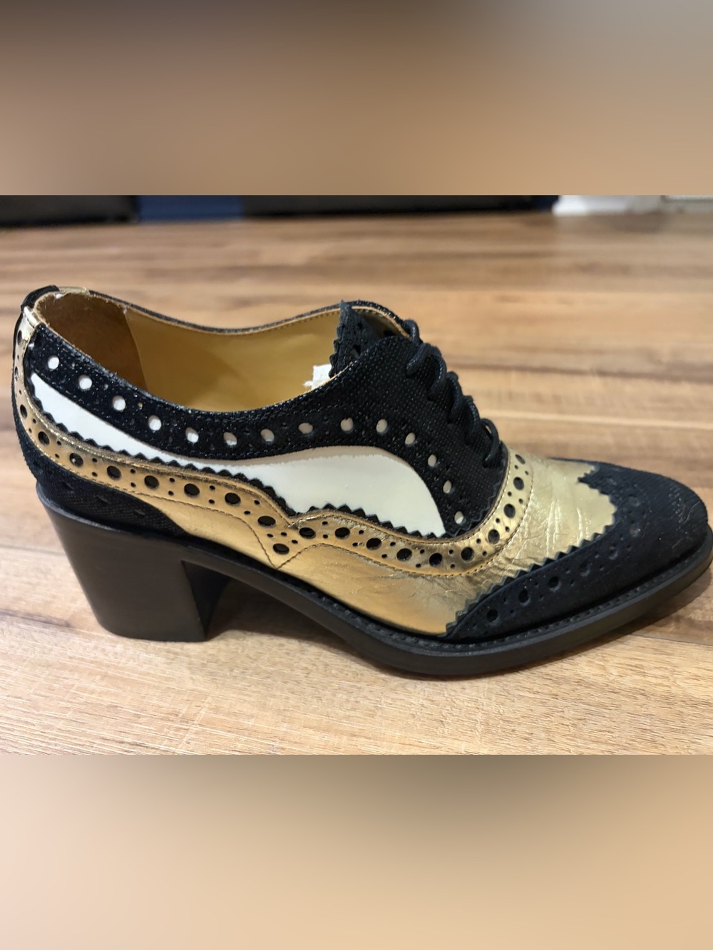Mrs. Doubt Wingtip Brogue Oxford Heel- Black and Gold